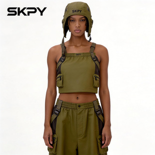 运动上衣背带女装 风修身 辣妹风军绿色多口袋吊带背心女工装 美式