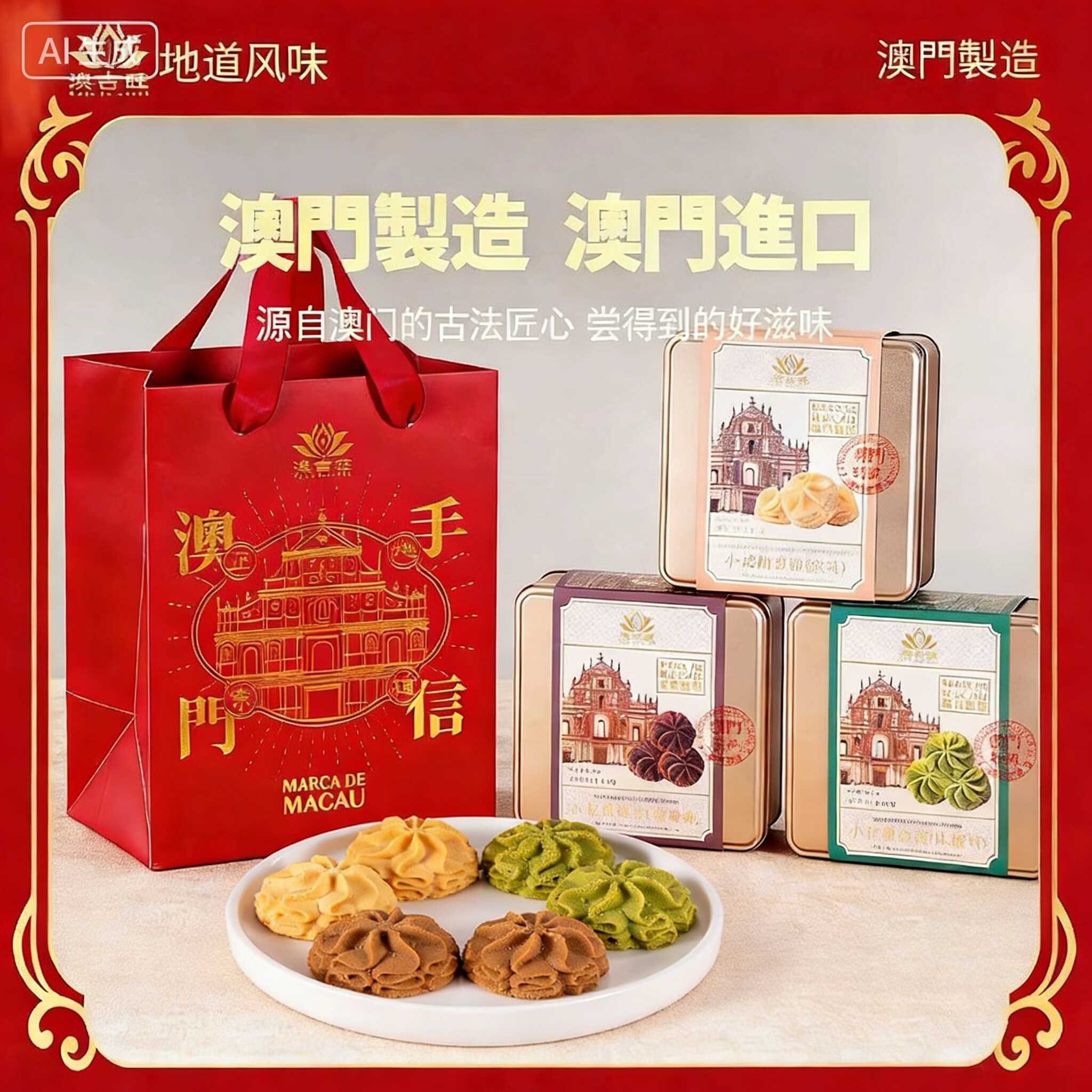 澳门制造原产澳吉旺特产小金盒葡式腰果曲奇蛋卷杏仁饼礼盒送礼