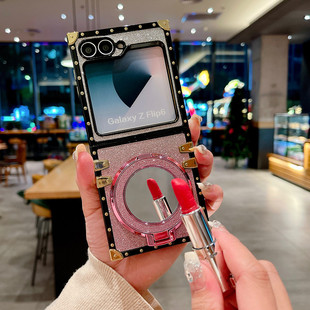 适用samsun三星galaxy+zflip6方形zflip5手机壳电话zflip4烫金zflip3全包保护套金属防撞新款渐变色镜子补装