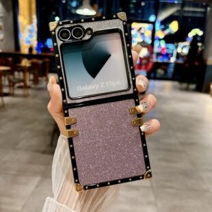 适用samsun三星galaxy+zflip6方形zflip5手机壳电话zflip4烫金zflip3全包保护套金属防撞新款渐变色镜子化妆