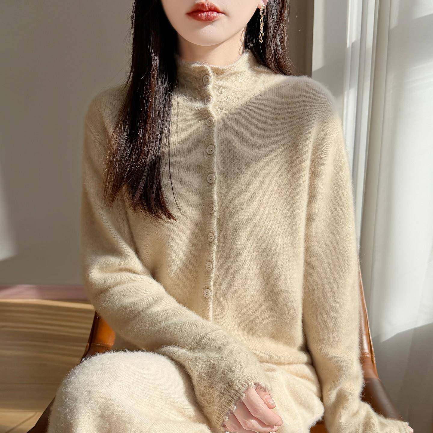 镂空提花设计半高领纯羊毛开衫女纽扣软糯毛衣外套宽松羊绒针织衫,女装/女士精品,羊绒衫,淘宝优惠券,粉丝福利购,淘宝优惠卷