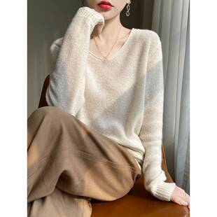 75%山羊绒25%桑蚕丝V领钉珠亮片春秋罩衫毛衣女薄款套头打底毛衣