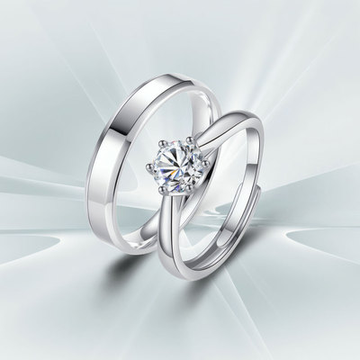 DR钻戒情侣对戒纯银999一对婚戒对戒求婚结婚莫桑石戒指圣诞礼物