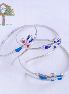 埃及进口复古纯手工镶嵌睡莲花卉荷露斯之眼安卡十字银饰手镯