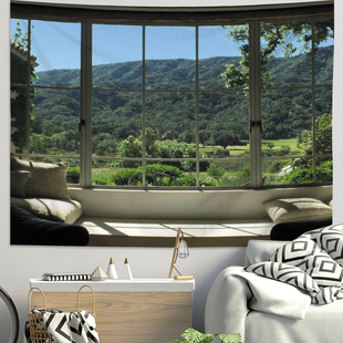 窗外风景挂毯墙面改造背景布卧室宿舍装饰复古窗户挂布墙布免打孔