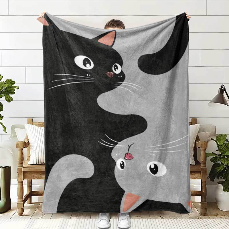 卡通双猫咪舒适法兰绒毛毯子