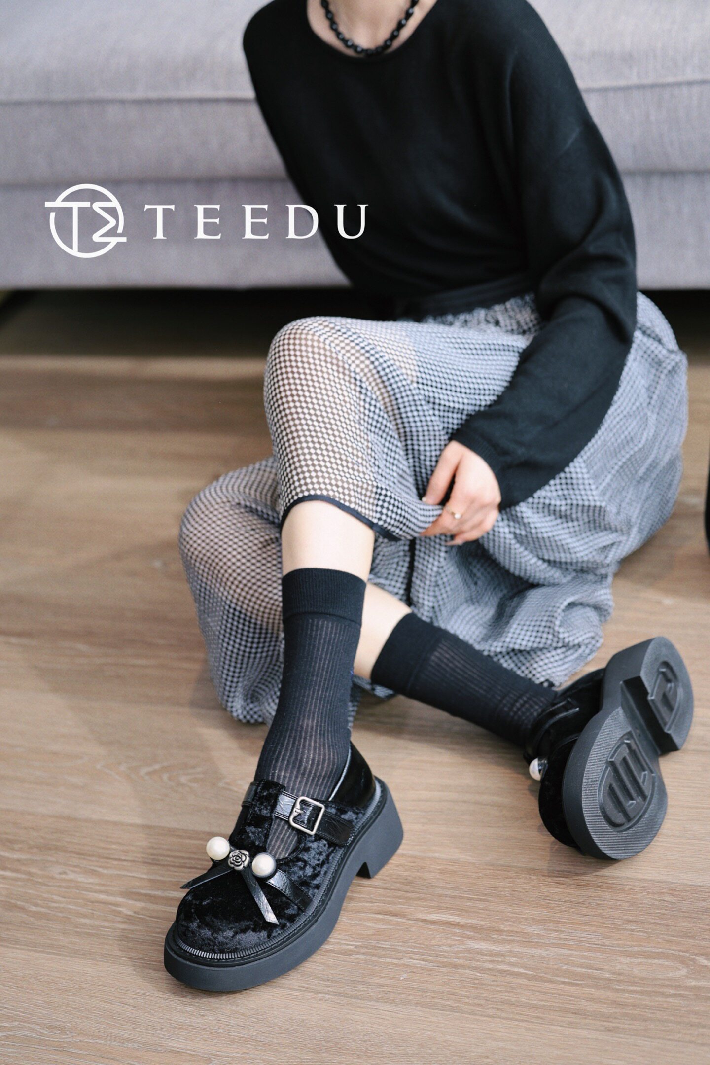 TEEDU2025春款圆头粗跟懒人鞋时尚编织蝴蝶结包头半拖鞋