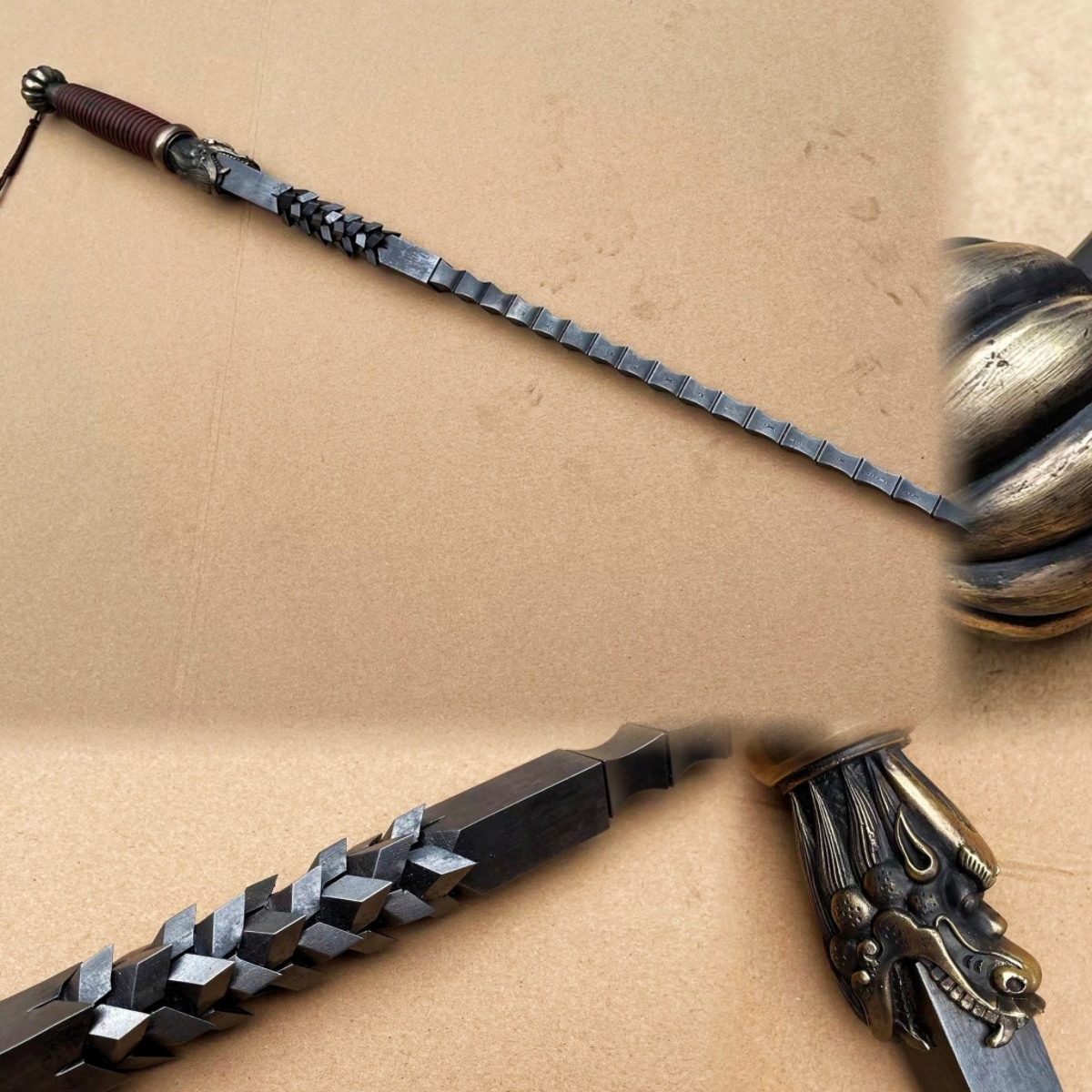 龙鳞锏棍花纹钢一体锻造马鞭长鞭子户外防护冷兵器影视道具未开刃