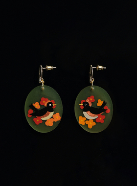 原创新中式民族风耳饰女手绘喜鹊高级感轻奢艺术耳钉旺财复古耳夹