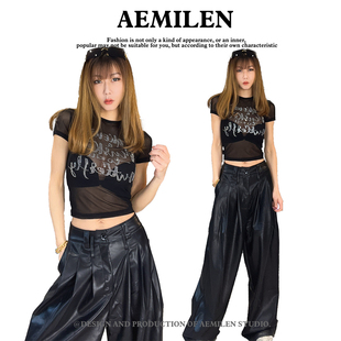 T恤女修身 Aemilen 网纱透视圆领烫钻短袖 2025夏季 显瘦设计感 新款