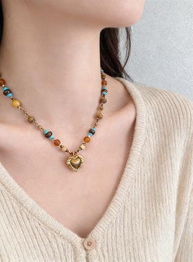 美拉德虎眼石爱心吊坠毛衣链小众轻奢锁骨链气质手工时尚送礼项饰