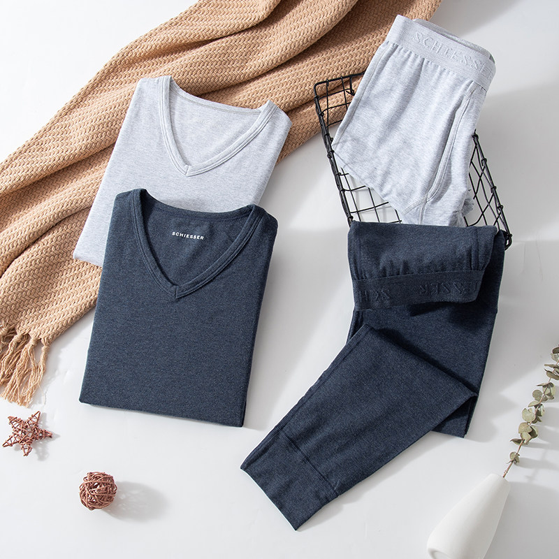 SHUYA 열 속옷 남자 면화 모달 V 넥 가을 겨울 닦았 니트 BOTTOMING 가을 옷 세트 두 조각