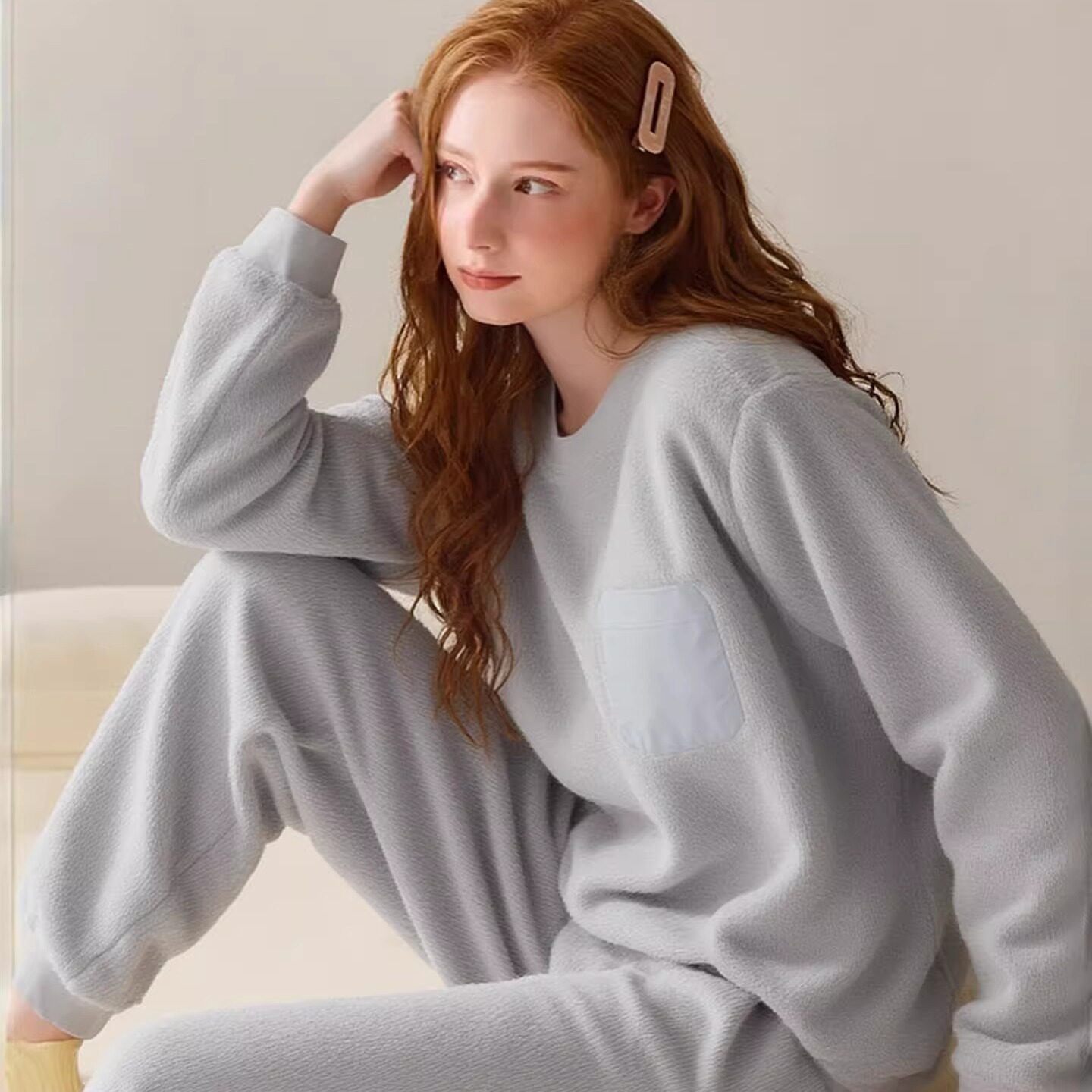 舒雅女士睡衣羊羔绒秋冬款圆领休闲运动加厚保暖家居服长袖套装