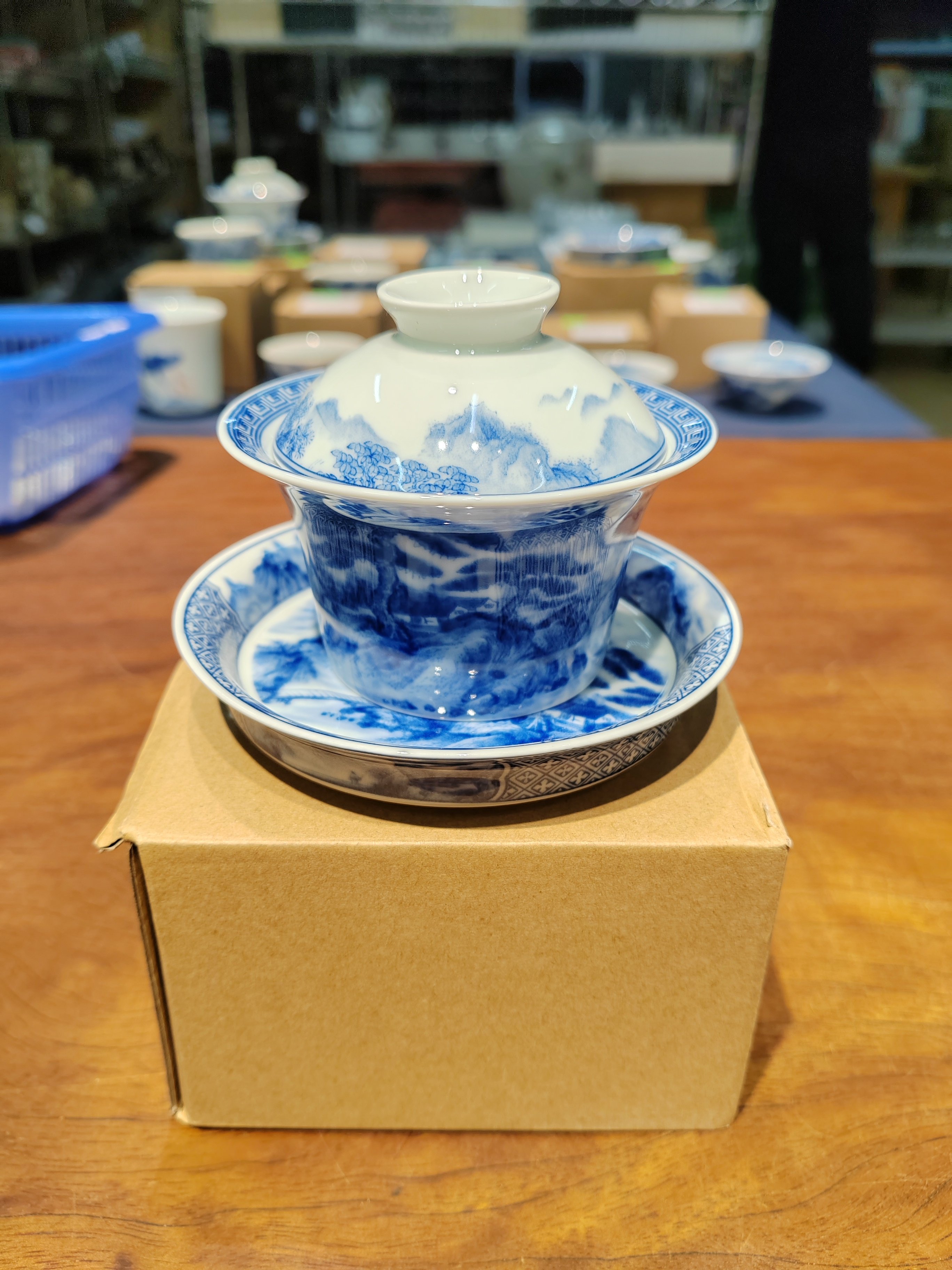 B幸山窑 青花 深色山水三才盖碗 10.5*8.5cm 容量160ml   No.X010