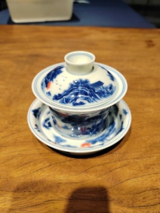 8.5cm B幸山窑 10.5 山水釉里红三才盖碗 容量160ml 青花