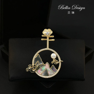 配饰时尚 珍珠琵琶胸针高端精致西装 黑贝胸花别针5995 云崖藏月