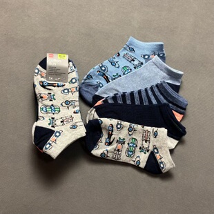 5双装出口原包装男童春夏薄款纯棉短袜儿童汽车条纹撞色组合船袜