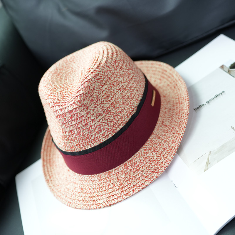 粉色帽子女夏季新款手工编织礼帽百搭男爵士帽遮阳旅游度假草帽