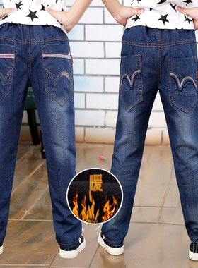 男童加绒牛仔裤加厚十岁男孩裤子冬季13中大童15宽松直筒10小学生