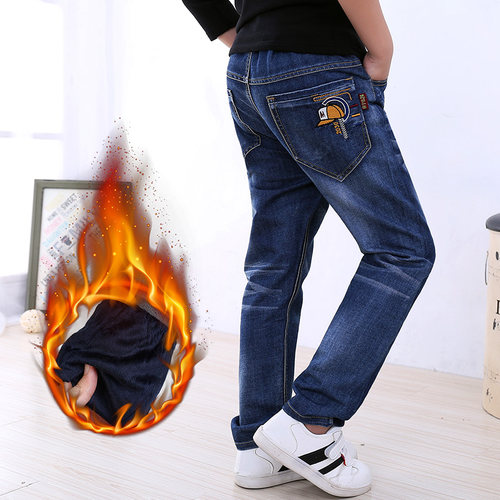 男童宽松冬季外穿直筒加绒牛仔裤