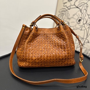 编织菜篮子包复古质感洗水做旧植鞣头层牛皮手工编织女包真皮斜挎
