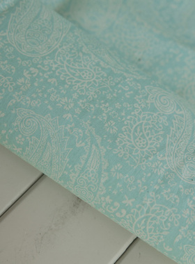 奈美家湖蓝色精细浮印佩斯利几何英伦花纹T蓝纯棉手工DIY服装面料