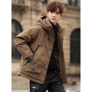 2025新款冬季加厚男士修身短款连帽潮牌冲锋派克衣工装羽绒服外套