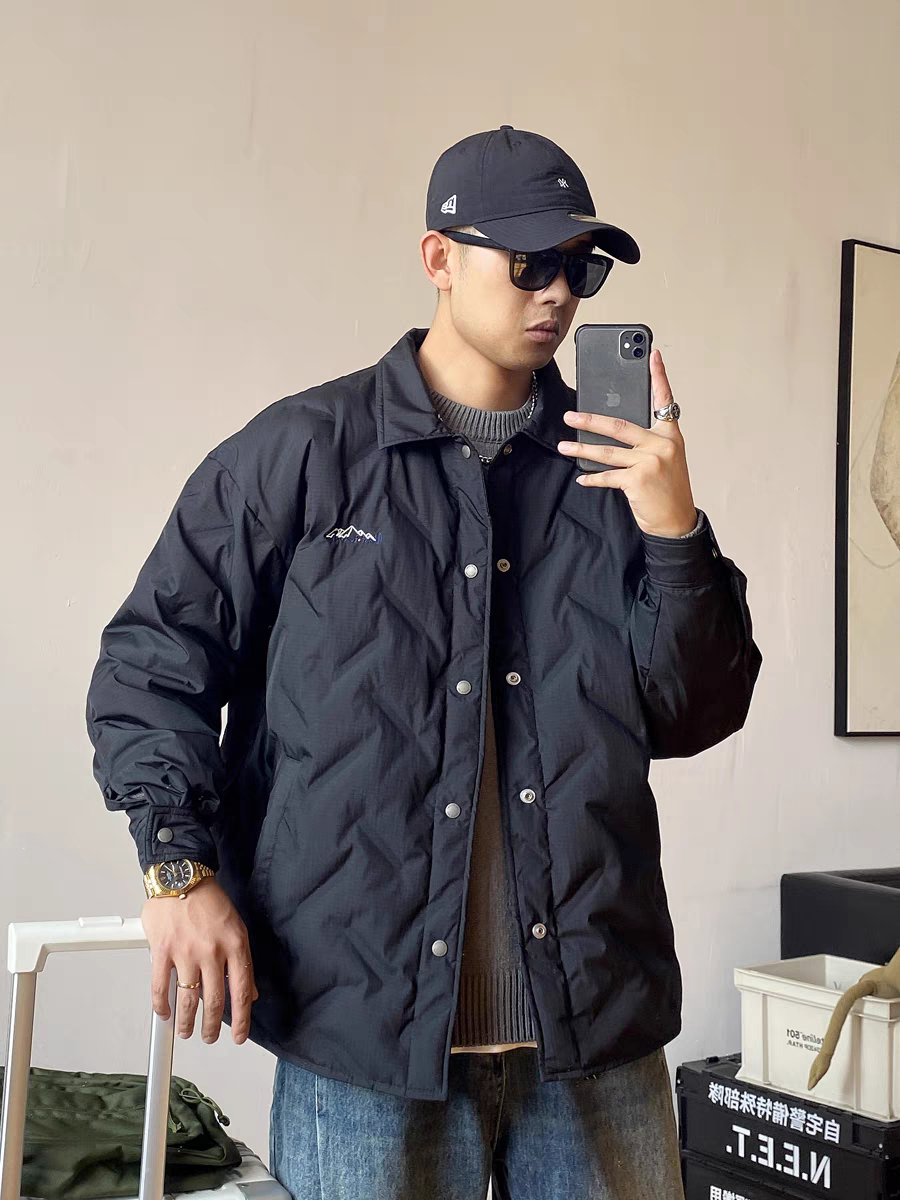 冬季美式休闲痞帅黑色轻薄款羽绒服男宽松大码加肥加大翻领外套潮