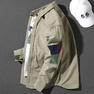 军绿色衬衣男秋季新款潮流宽松多色菱形补丁方领长袖休闲衬衫外套