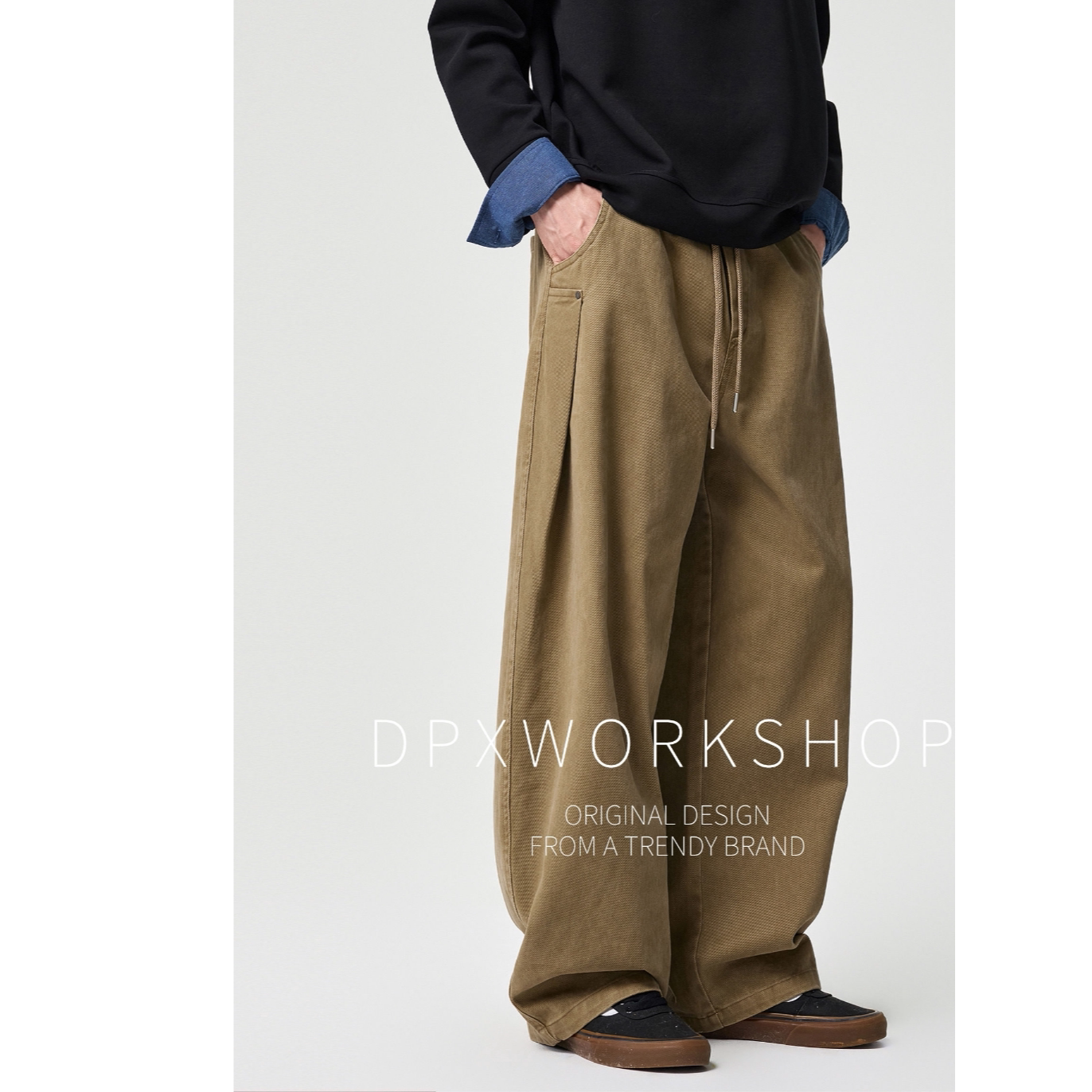 DPX秋季复古纯棉休闲裤男时尚潮流宽松解构抽绳男士男装直筒裤子