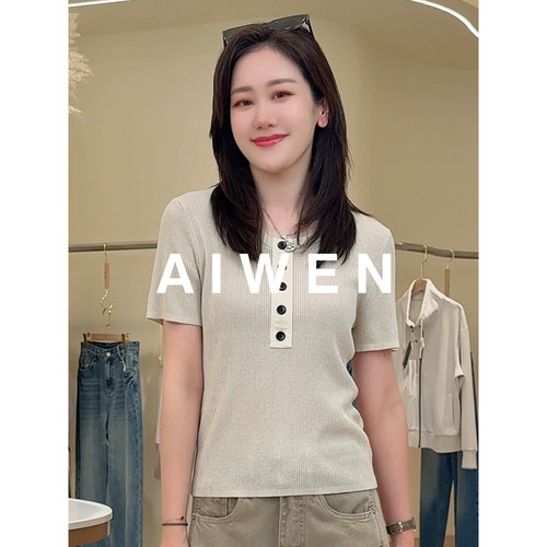 【AIWEN艾芠】莱赛尔亚麻圆领针织T恤女JZ-C60218
