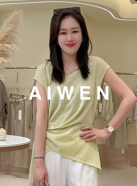 【AIWEN/艾芠】春季新款V领无袖高级感不规则下摆T恤女WYJ-C60181