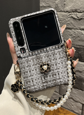 【带手链】香风皮纹黑色山茶花适用华为puraX手机壳pocket2中轴p50复古N3flip翻盖防摔米flip2女Razr60保护套