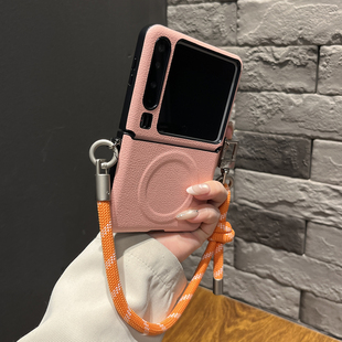 N3flip两件套Xflip韩系 磁吸侧扣皮纹粉色短绳适用华为purax手机壳pocket2翻盖Zflip7防摔Vflip女款 带挂绳