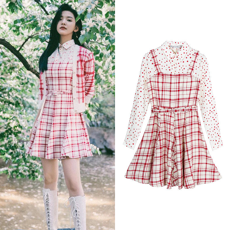 明星章若楠同款波点拼接格子衬衫式连衣裙春秋季长袖日系少女伞裙