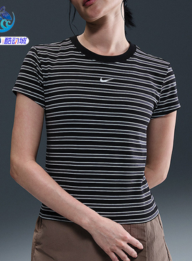 耐克Nike 女士舒适条纹休闲圆领透气日常短袖T恤HF9525-010-100