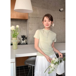 HEART 正肩羊毛短袖针织衫女纯色气质韩系百搭质感圆领上衣