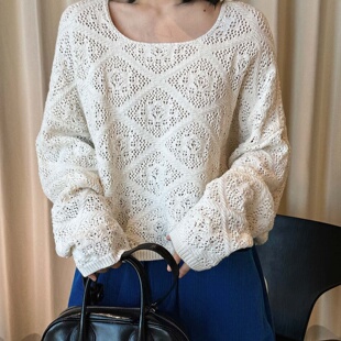 HEART卢浮春季新款韩系简约时髦方领镂空针织罩衫毛衣廓形上衣女