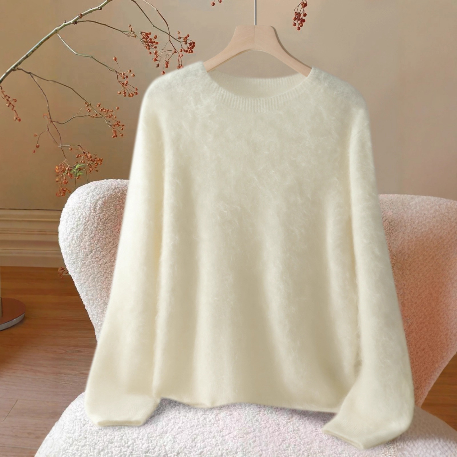 HEART 岛精无缝一体95羊毛5%山羊绒女拉绒圆领毛衣宽松针织上衣