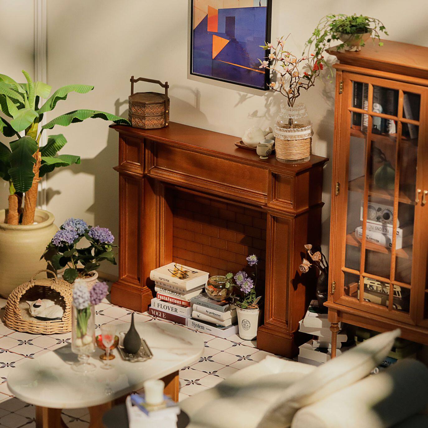 玩具】复古壁炉微缩模型 六分娃屋治愈系场景 实木迷你娃娃屋家具