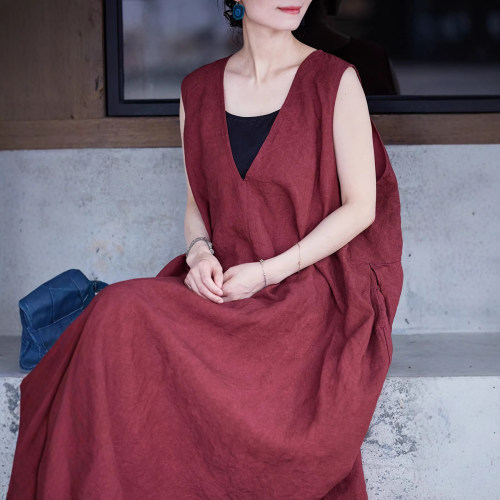 文艺复古亚麻深V领无袖A字连衣裙