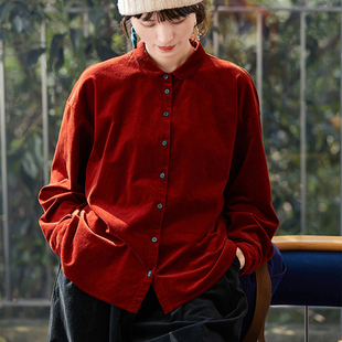 文艺中式红秋冬新款开衫外套复古休闲翻领亲肤保暖平绒衬衫上衣女