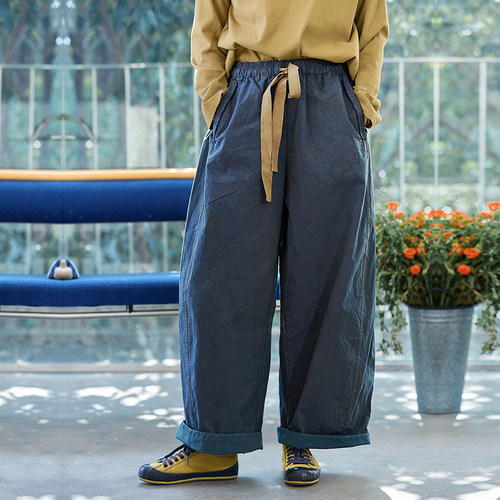 通勤风松紧腰直筒休闲裤女蓝色