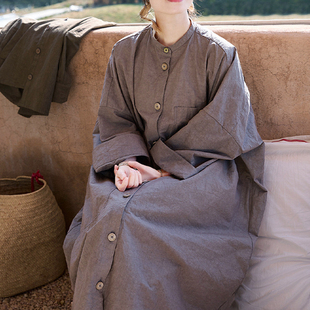 秋新款文艺复古轻中式高密棉连衣裙女暮云灰连衣裙开衫版立领袍子