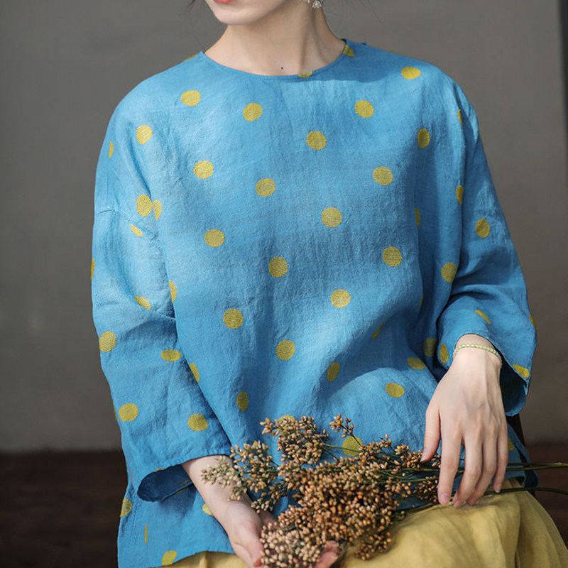 波点套头宽松简约亚麻棉衬衫上衣