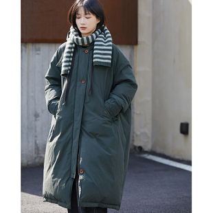 25冬季文艺简约连帽中长款白鸭绒羽绒服女宽松收腰军绿色羽绒外套