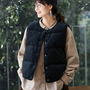 文艺复古轻中式平绒羽绒马甲女25年秋冬款休闲宽松白鸭绒无袖外套