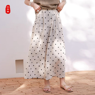 2024年夏季新品亚麻雨露麻波点印花文艺显瘦九分超宽裤子女阔腿裤