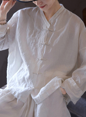 中式禅意风东方白亚麻衬衫女长袖宽松V领复古盘扣上衣素雅白衬衣