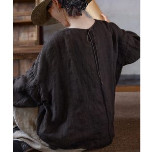 新款 宽松罩衫 黑咖色蕾丝边轻中式 套头衬衫 外套 宽松纯亚麻长袖 秋季